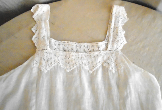 1910's Child's Dress Antique White Cotton Slip Dress with Crochet Trim Edwardian