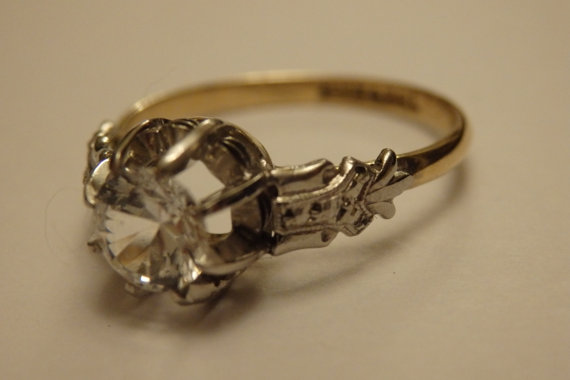 Sale! Beautiful art deco 18k gold and palladium white zircon ring, engagement, with antique box