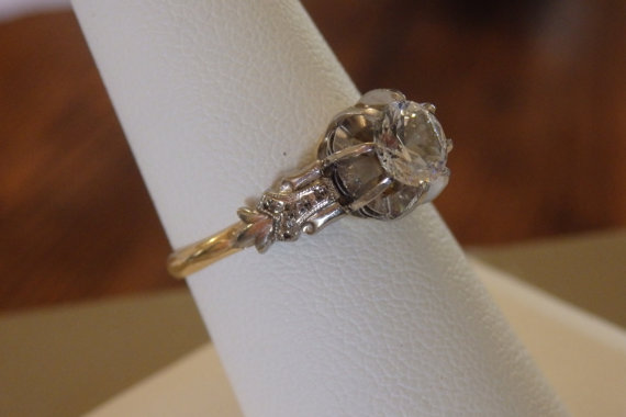 Sale! Beautiful art deco 18k gold and palladium white zircon ring, engagement, with antique box