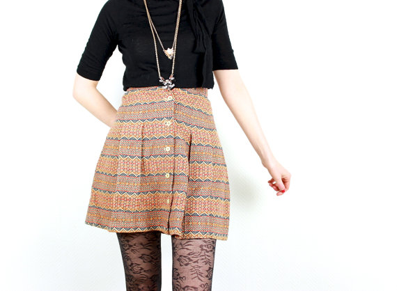 French vintage Junior Teen Girls 1960s wool Printed Skirt Ethnic Pattern High Waisted Flared Button