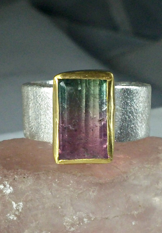 WatermelonTourmaline Ring, Solitaire Ring, silver and 22 kt yellow gold ring,  Tourmaline stone ring