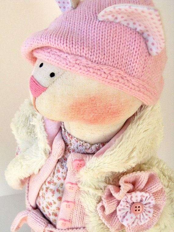 Artist Stuffed cat doll Melissa Wooden heart Handmade doll OOAK cat 19" 49cm cat Creamy Pink So