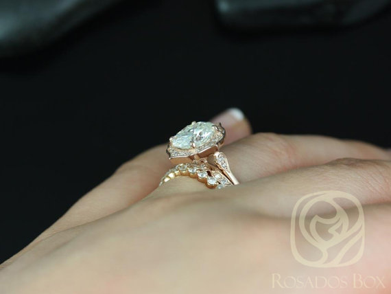 Mae 9x7mm, Stella,& Pte Naomi 14kt Rose Gold Oval FB Moissanite and Diamond Halo TRIO Wedding Se