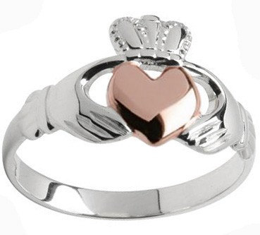 Ladies Silver & Solid Rose Gold Heart Two tone Irish Claddagh Ring - Custom Engraved