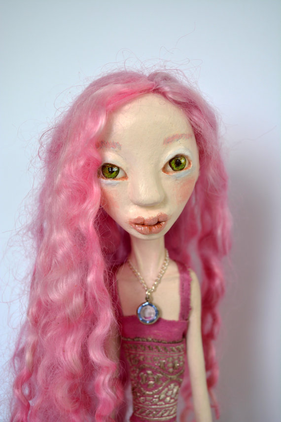 OOAK Art Doll, Sculpted Paper Clay Art Doll, Handmade Doll, Wensleydale Wool Pink Hair Doll, GRACIE