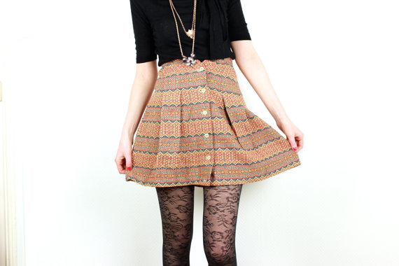 French vintage Junior Teen Girls 1960s wool Printed Skirt Ethnic Pattern High Waisted Flared Button