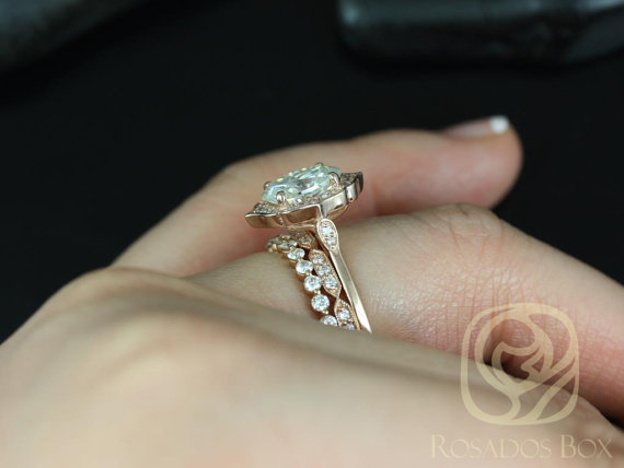 Mae 9x7mm, Stella,& Pte Naomi 14kt Rose Gold Oval FB Moissanite and Diamond Halo TRIO Wedding Se