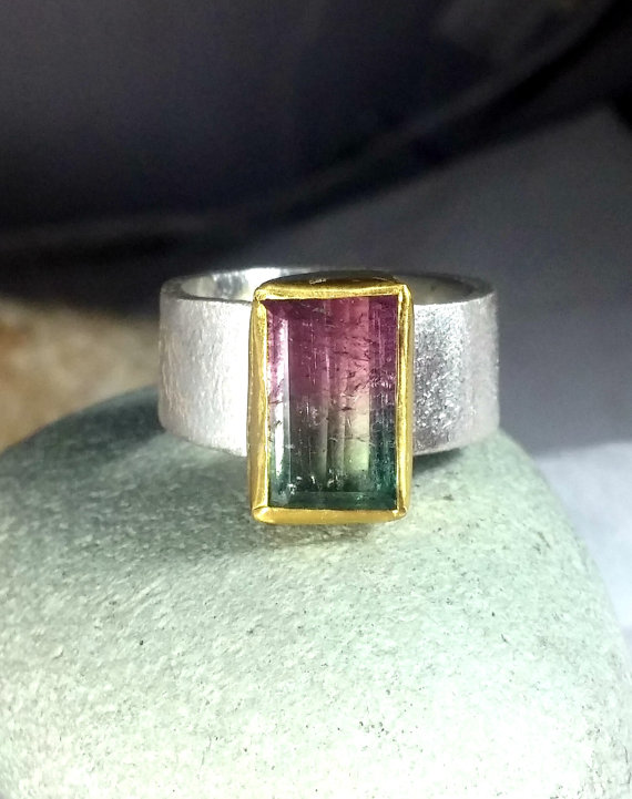 WatermelonTourmaline Ring, Solitaire Ring, silver and 22 kt yellow gold ring,  Tourmaline stone ring