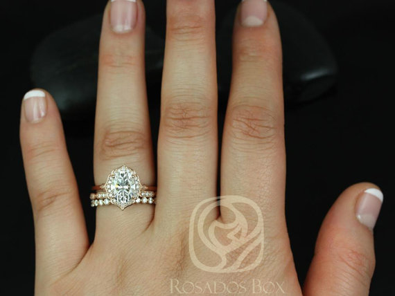 Mae 9x7mm, Stella,& Pte Naomi 14kt Rose Gold Oval FB Moissanite and Diamond Halo TRIO Wedding Se