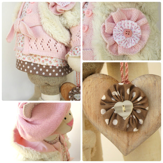 Artist Stuffed cat doll Melissa Wooden heart Handmade doll OOAK cat 19" 49cm cat Creamy Pink So