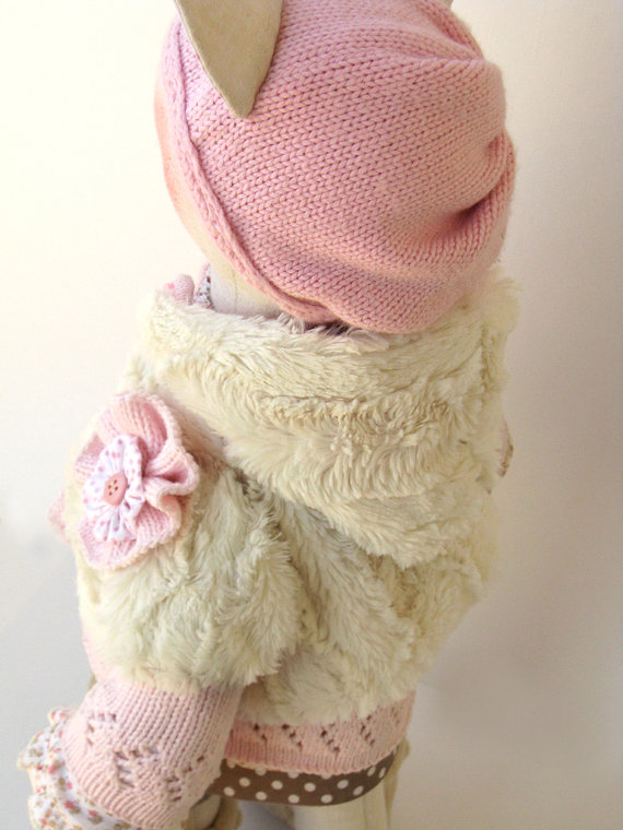 Artist Stuffed cat doll Melissa Wooden heart Handmade doll OOAK cat 19" 49cm cat Creamy Pink So