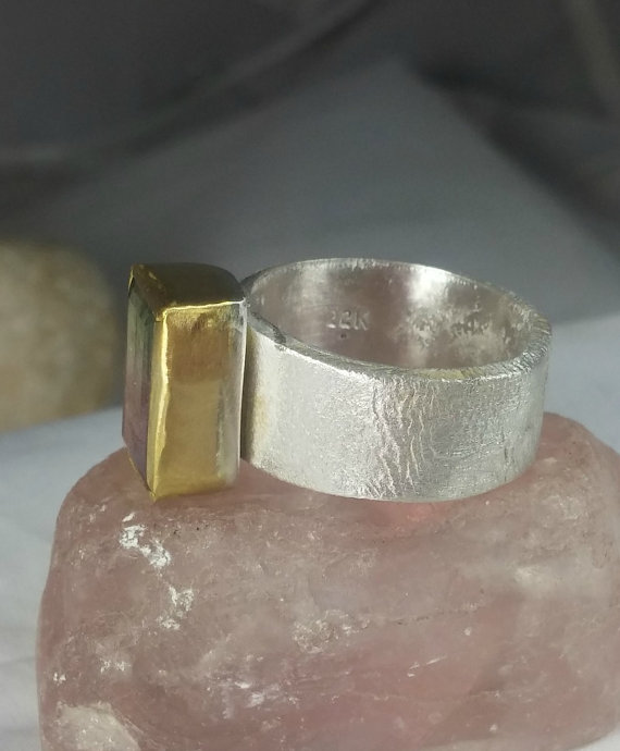 WatermelonTourmaline Ring, Solitaire Ring, silver and 22 kt yellow gold ring,  Tourmaline stone ring