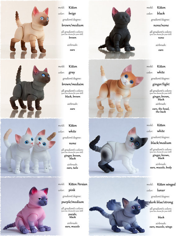 Pre-order. Kitten 3D bjd doll (4,5cm; 5,5cm; 6,5cm; 7,5cm ) with one or two heads. Realistic kitten