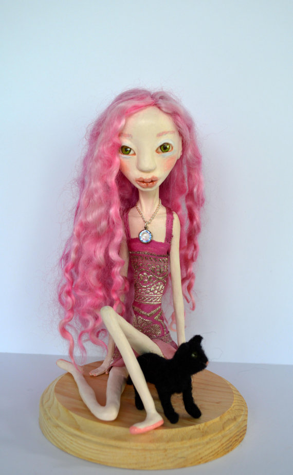 OOAK Art Doll, Sculpted Paper Clay Art Doll, Handmade Doll, Wensleydale Wool Pink Hair Doll, GRACIE
