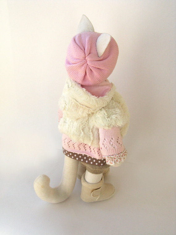 Artist Stuffed cat doll Melissa Wooden heart Handmade doll OOAK cat 19" 49cm cat Creamy Pink So