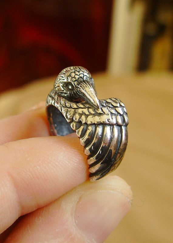 Silver Raven Ring with Green Tourmaline Companion - Sculpted Double Ring in Sterling Silver with Pat
