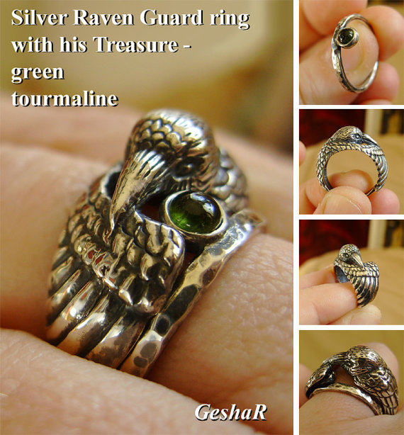 Silver Raven Ring with Green Tourmaline Companion - Sculpted Double Ring in Sterling Silver with Pat