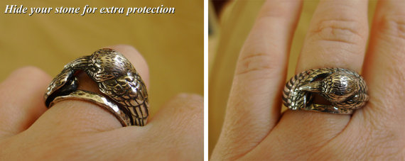 Silver Raven Ring with Green Tourmaline Companion - Sculpted Double Ring in Sterling Silver with Pat