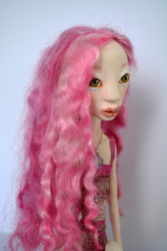 OOAK Art Doll, Sculpted Paper Clay Art Doll, Handmade Doll, Wensleydale Wool Pink Hair Doll, GRACIE
