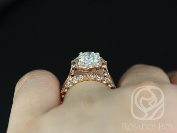Mae 9x7mm, Stella,& Pte Naomi 14kt Rose Gold Oval FB Moissanite and Diamond Halo TRIO Wedding Se