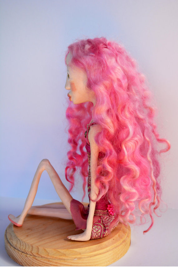 OOAK Art Doll, Sculpted Paper Clay Art Doll, Handmade Doll, Wensleydale Wool Pink Hair Doll, GRACIE