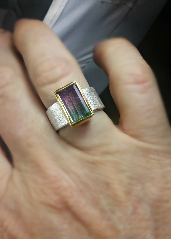 WatermelonTourmaline Ring, Solitaire Ring, silver and 22 kt yellow gold ring,  Tourmaline stone ring