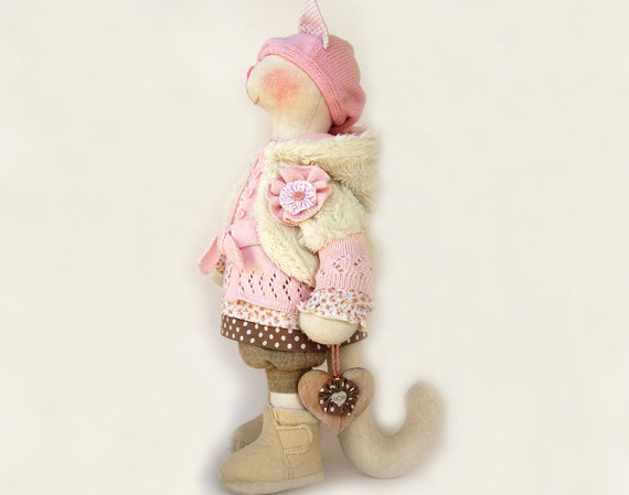 Artist Stuffed cat doll Melissa Wooden heart Handmade doll OOAK cat 19" 49cm cat Creamy Pink So