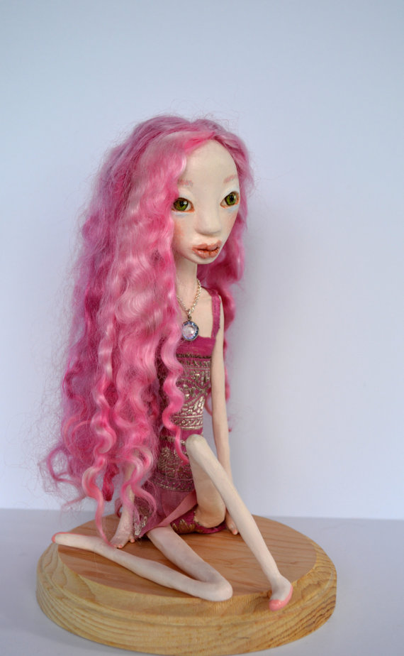 OOAK Art Doll, Sculpted Paper Clay Art Doll, Handmade Doll, Wensleydale Wool Pink Hair Doll, GRACIE