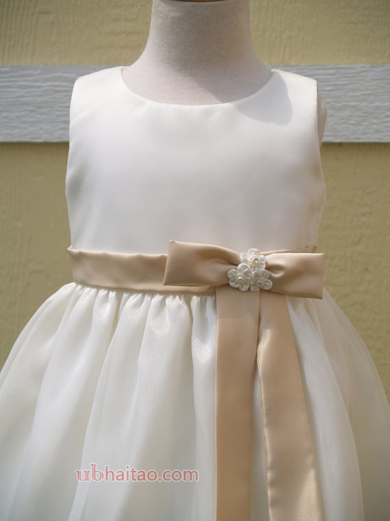 Flower Girl Dress Ivory and Champagne, Sleeveless, Crystal Organza, Girls Size 2 & 6,Pageant Dre