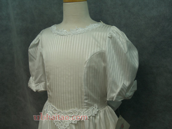 1st Holy Communion White Stripes Dress,Size 10 White, Vintage New, Lace, Basque V Waist, Flattering,