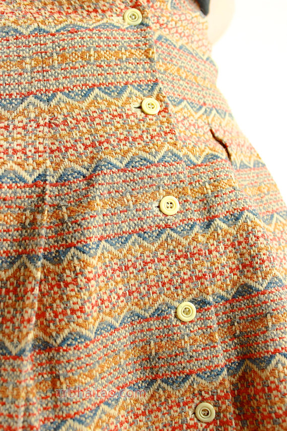 French vintage Junior Teen Girls 1960s wool Printed Skirt Ethnic Pattern High Waisted Flared Button