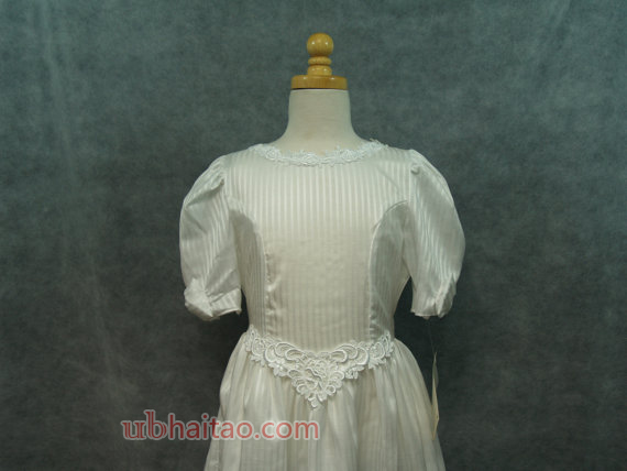 1st Holy Communion White Stripes Dress,Size 10 White, Vintage New, Lace, Basque V Waist, Flattering,