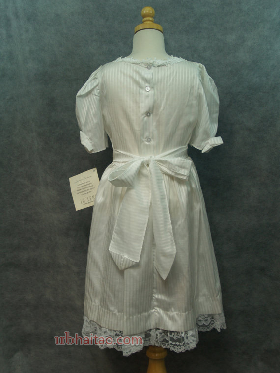 1st Holy Communion White Stripes Dress,Size 10 White, Vintage New, Lace, Basque V Waist, Flattering,