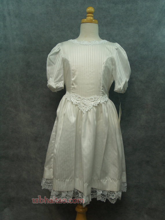 1st Holy Communion White Stripes Dress,Size 10 White, Vintage New, Lace, Basque V Waist, Flattering,