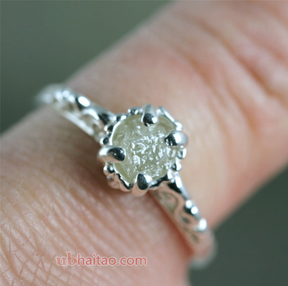 Raw Uncut Rough Diamond Solitaire and Sterling Silver Filigree Ring - Conflict Free Diamond - Antiqu