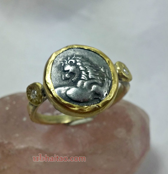 Gold Coin Ring, Statement Ring, Ancient Coin Jewelry, solid yellow gold ring,  Lion coin ring