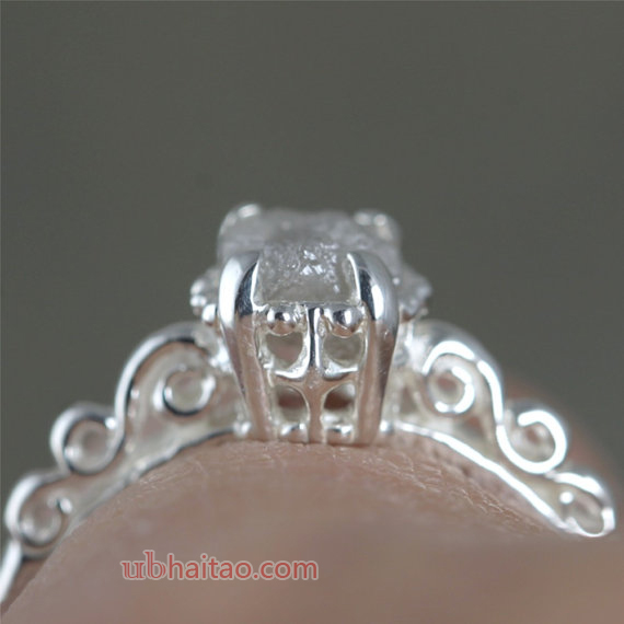 Raw Uncut Rough Diamond Solitaire and Sterling Silver Filigree Ring - Conflict Free Diamond - Antiqu