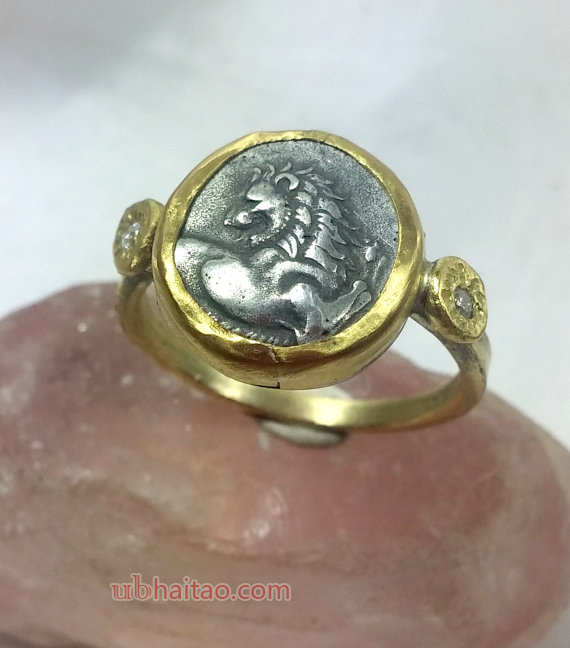 Gold Coin Ring, Statement Ring, Ancient Coin Jewelry, solid yellow gold ring,  Lion coin ring