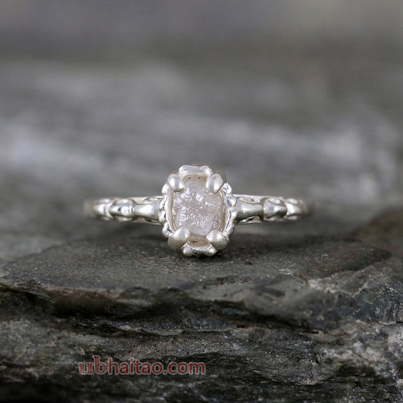 Raw Uncut Rough Diamond Solitaire and Sterling Silver Filigree Ring - Conflict Free Diamond - Antiqu
