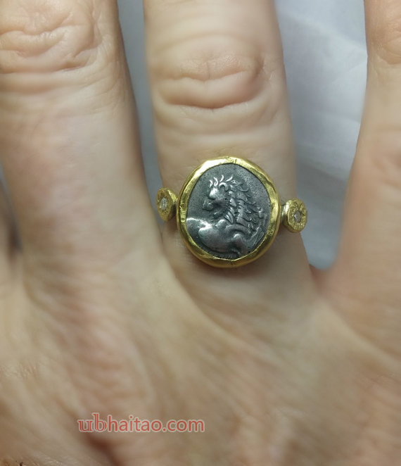 Gold Coin Ring, Statement Ring, Ancient Coin Jewelry, solid yellow gold ring,  Lion coin ring