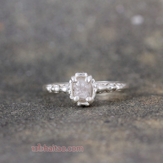 Raw Uncut Rough Diamond Solitaire and Sterling Silver Filigree Ring - Conflict Free Diamond - Antiqu